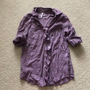 AβGaci Semi-Sheer Ruffle Button Down Shirt Size Small Work Top Blouse Purple GUC